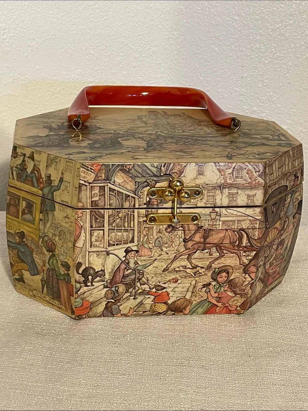 Vintage Illustrated Octagonal Trinket Box with Red Handle Jewelry Included